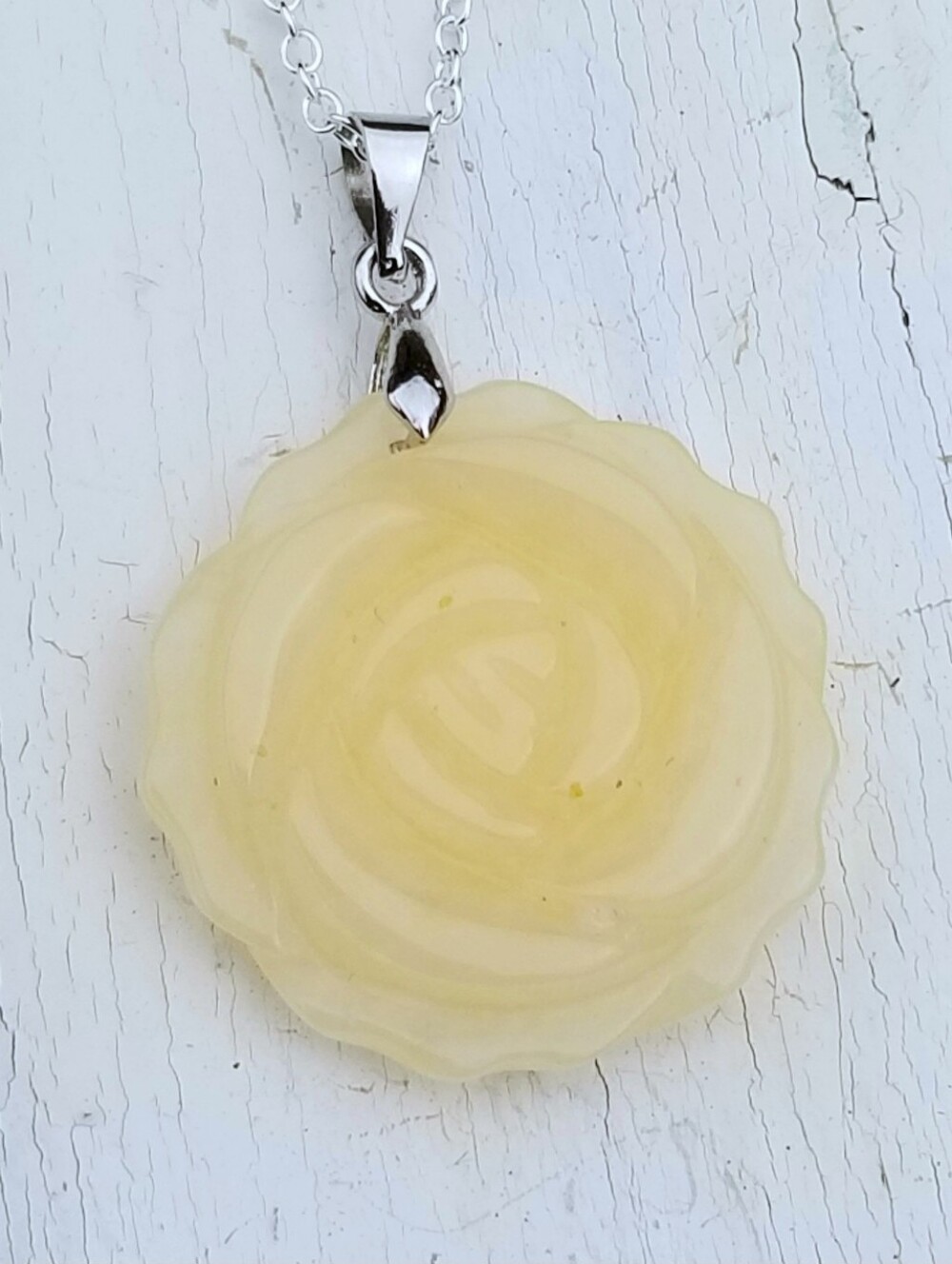 Sterling Silver Yellow Jade Rose Pendant Necklace, Yellow Jade Hand Carved Rose